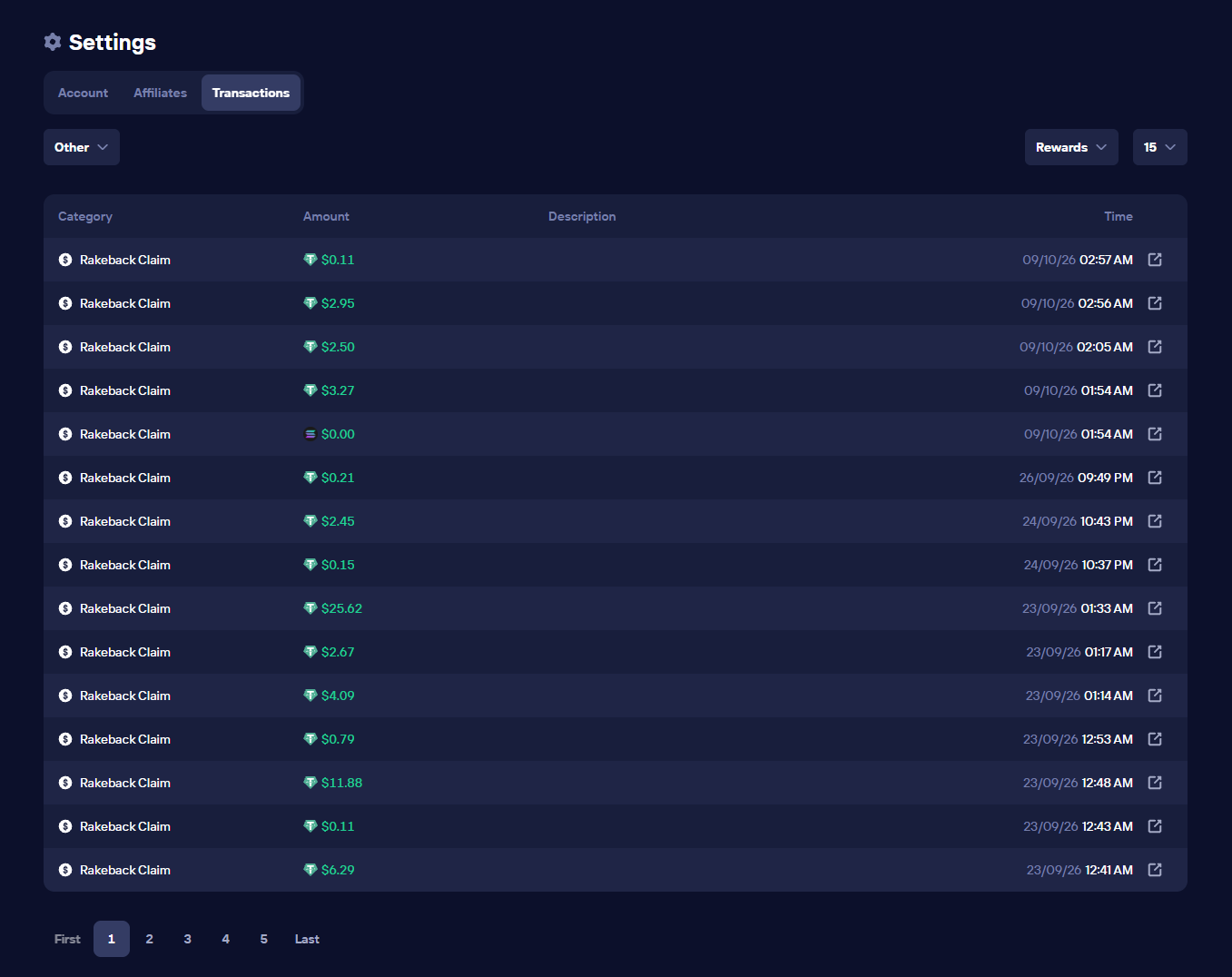 Duel Transactions page listing rakeback claims credited to the account