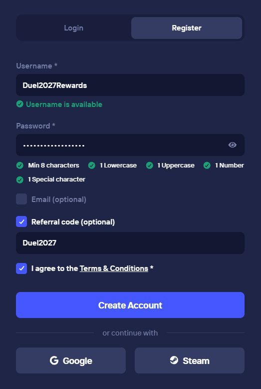 Duel sign-up form with the referral code Duel2027 filled in